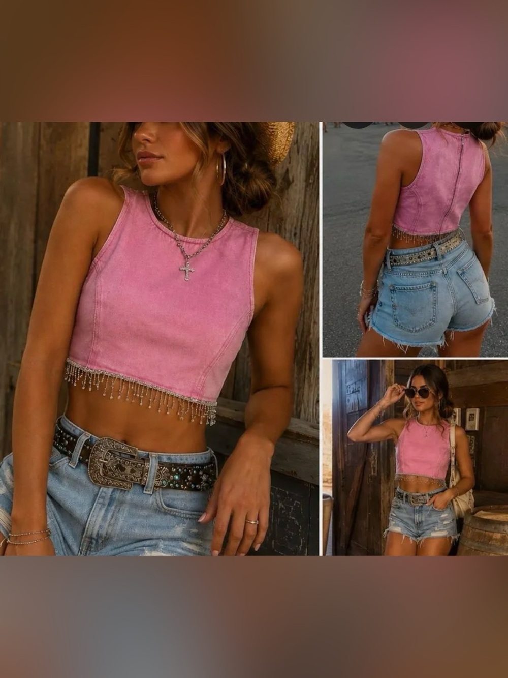 NWT GeeGee Pink Rhinestone Beaded Fringe Tank Top, Festival Denim Cropped Tank